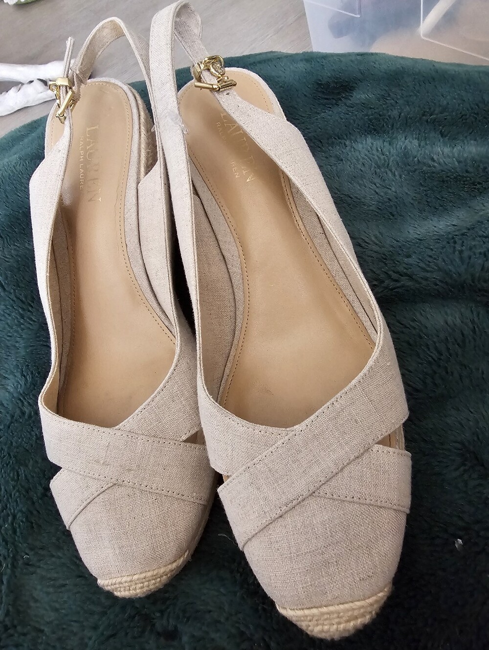Lauren Ralph Lauren Hadly Beige Linen Wedge Espadrille Sandals Slingback Sz 10